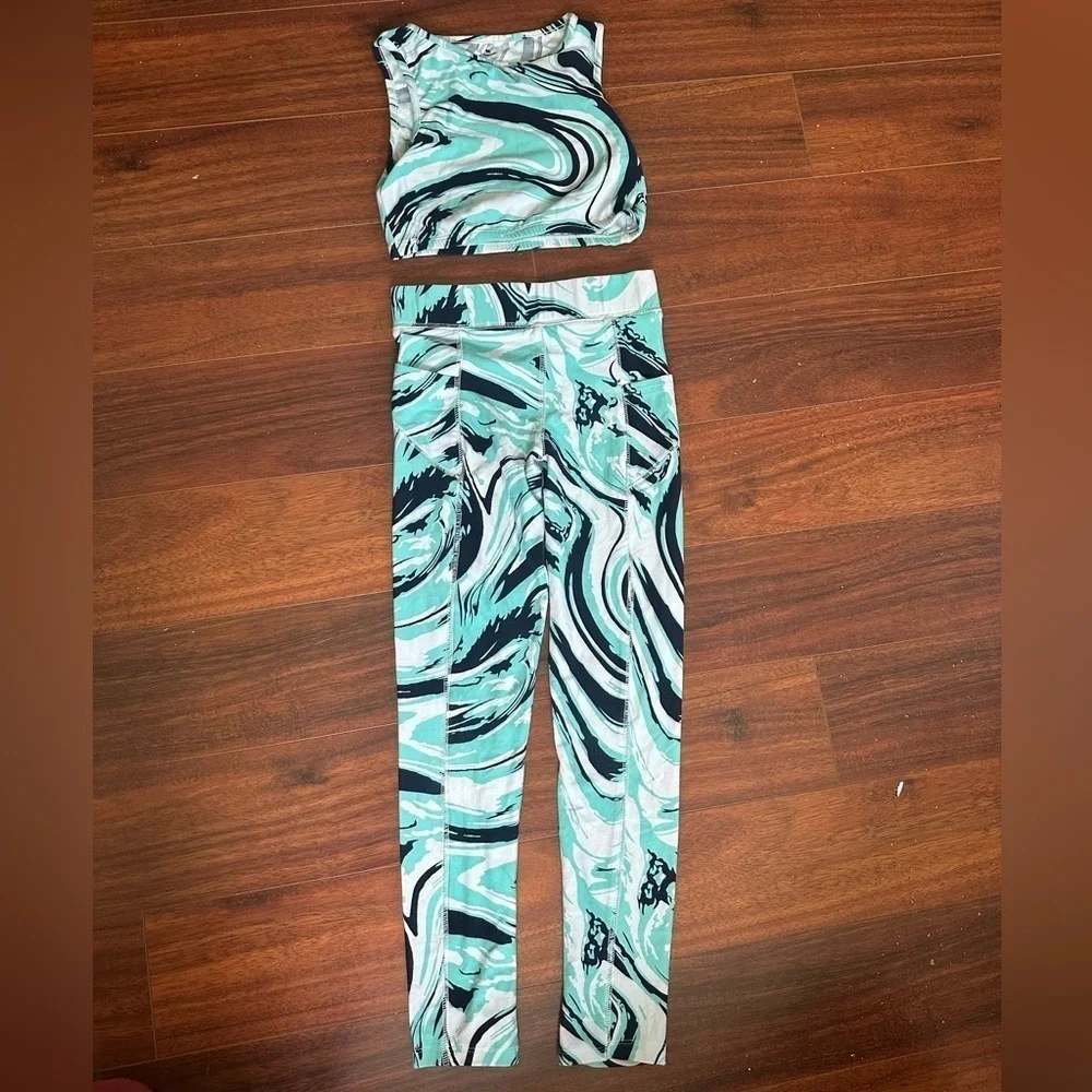 Girls workout set marbled teal